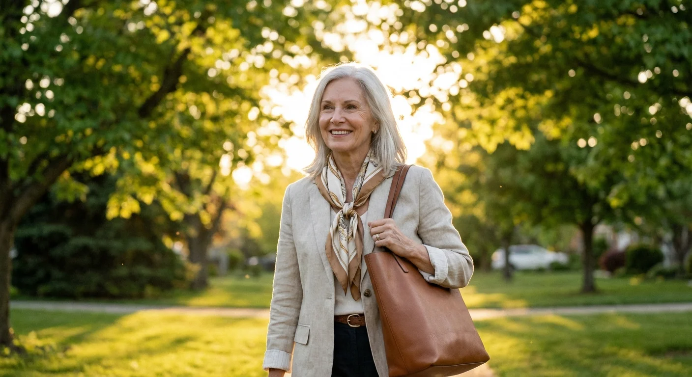 A content retired woman walking through a beautiful park with a work bag, symbolizing a balanced lifestyle.