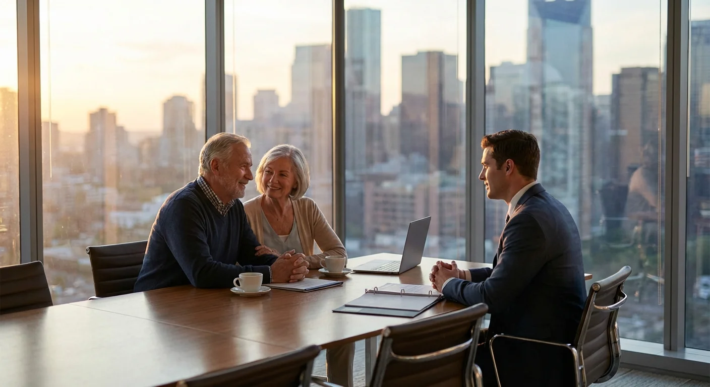 A couple consulting with a professional financial expert in a high-end office.
