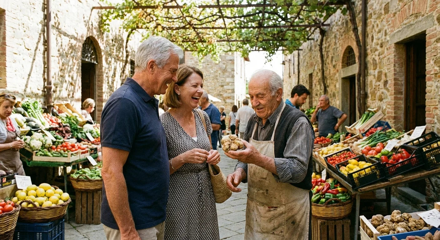 A couple enjoying a truffle market in a sunny Italian courtyard.