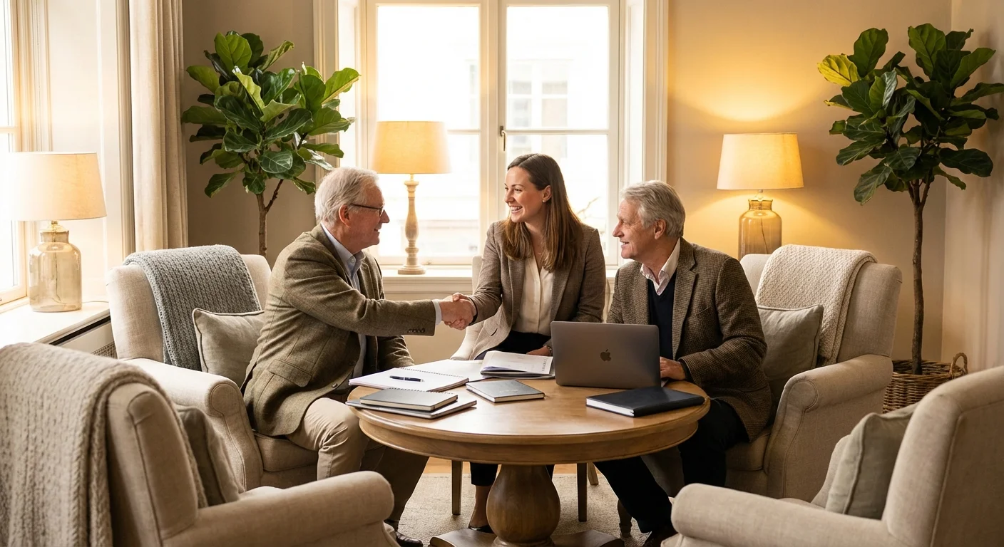 A couple having a friendly, professional meeting with an advisor in a bright office.