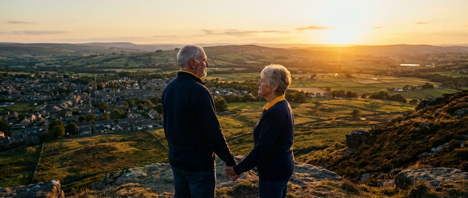 A couple looks out over a vast landscape, symbolizing control over their retirement destination.
