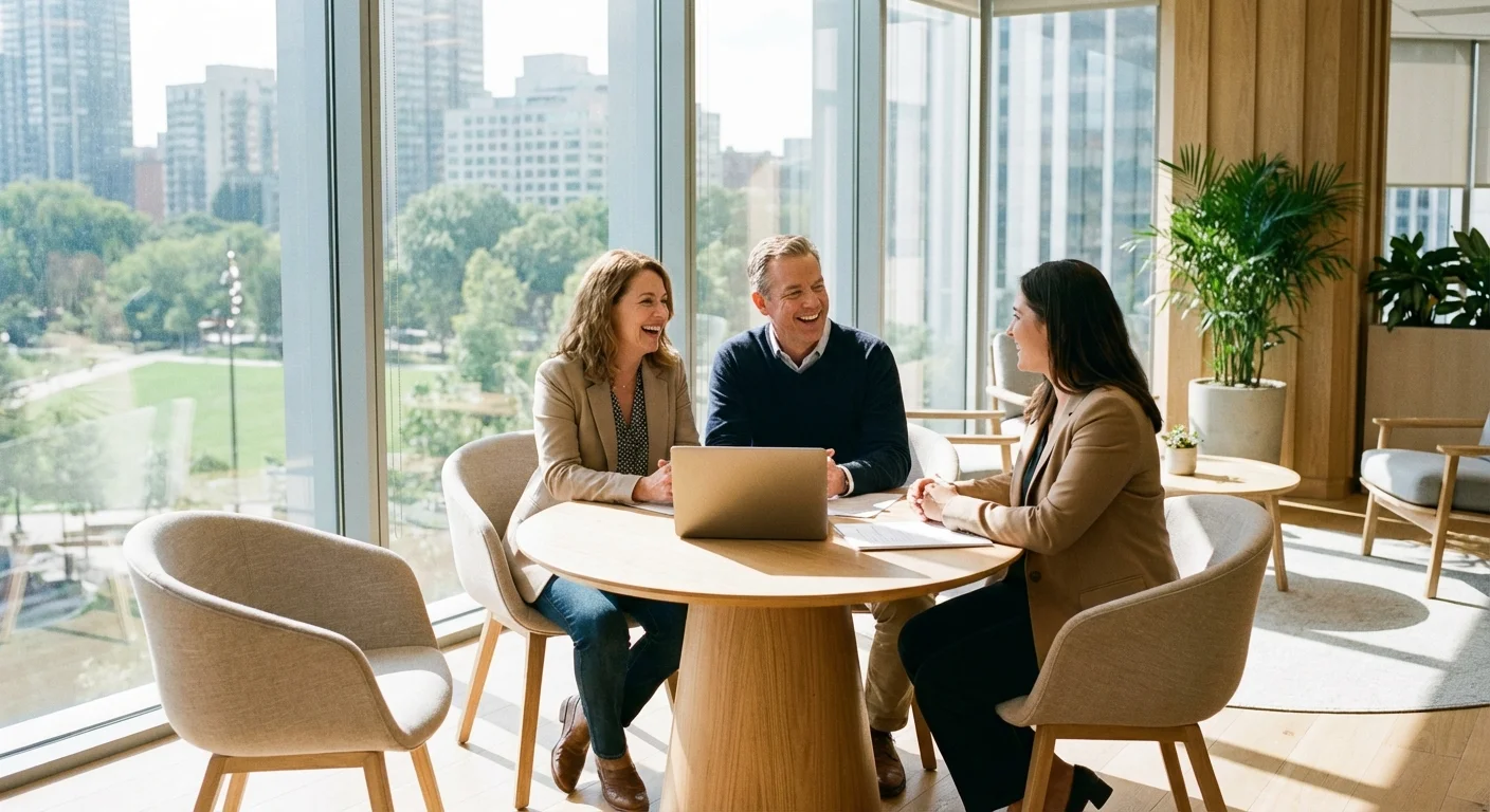 A couple meeting with a financial advisor in a professional, sunlit office.