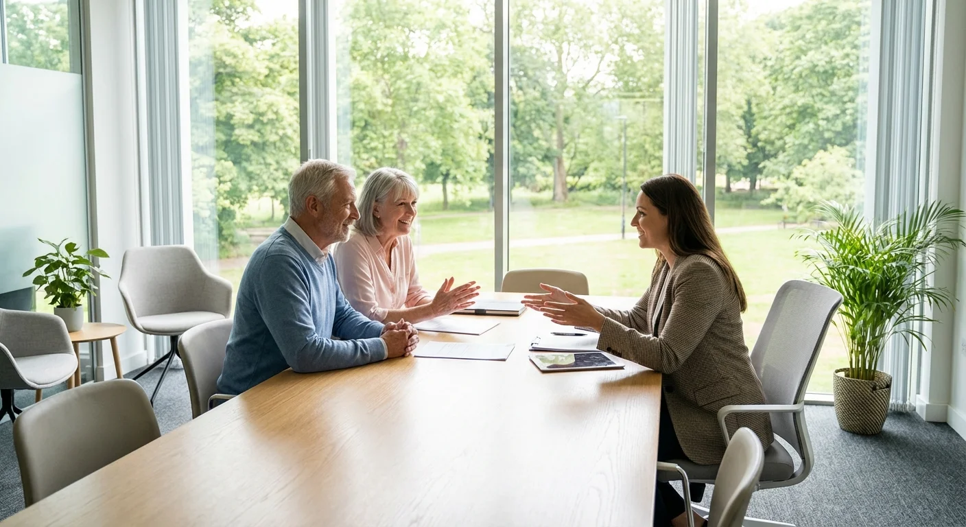 A couple meeting with a professional advisor in a bright office.