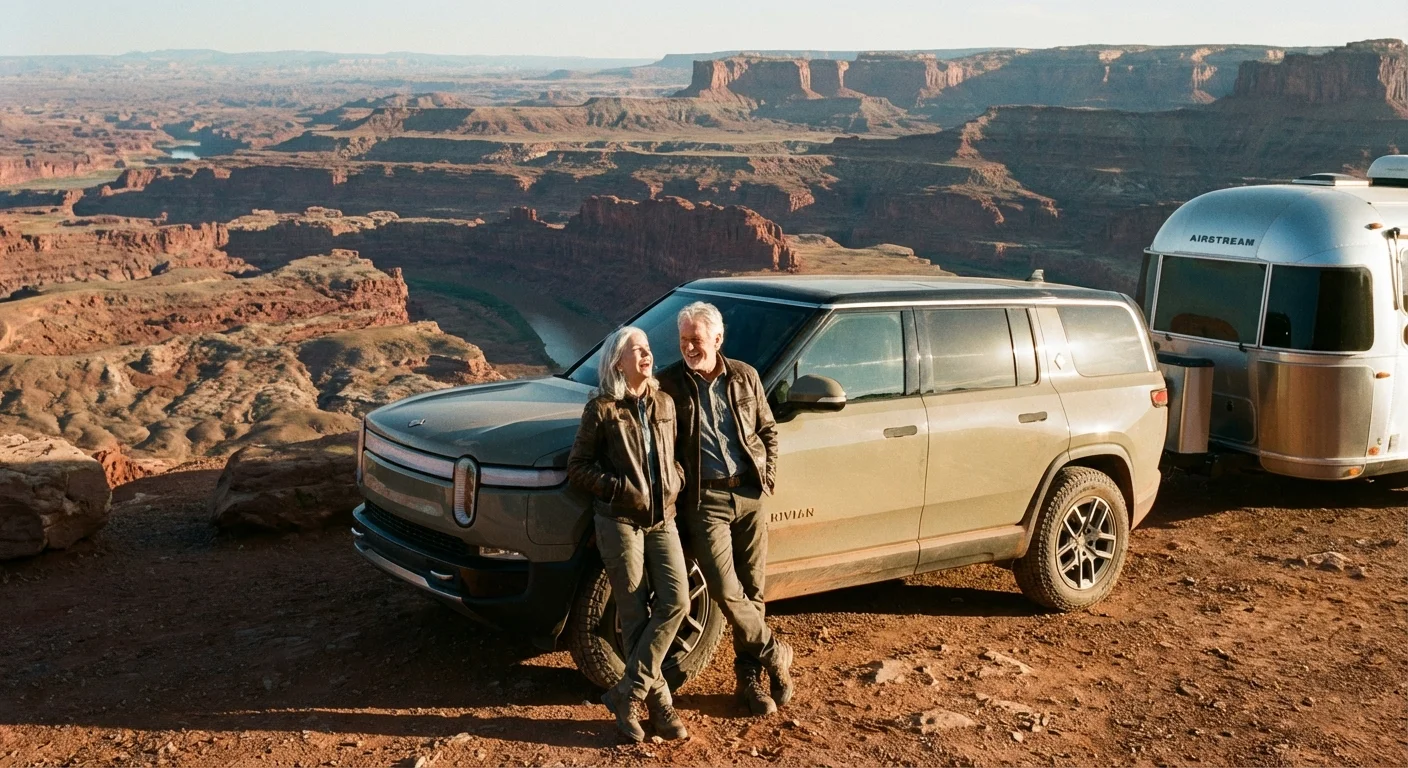 A couple on a road trip at a US National Park overlook.
