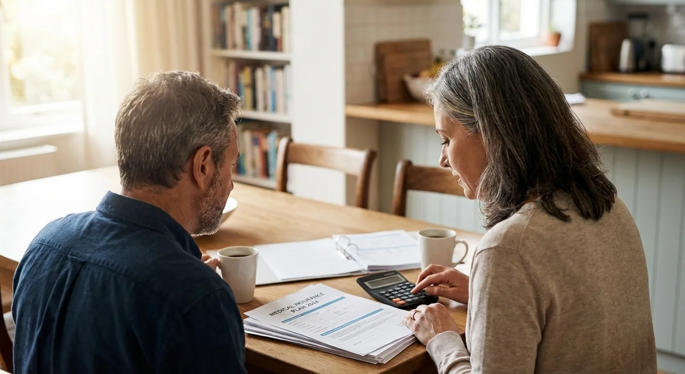 A couple reviewing insurance papers and a calculator at a dining table.
