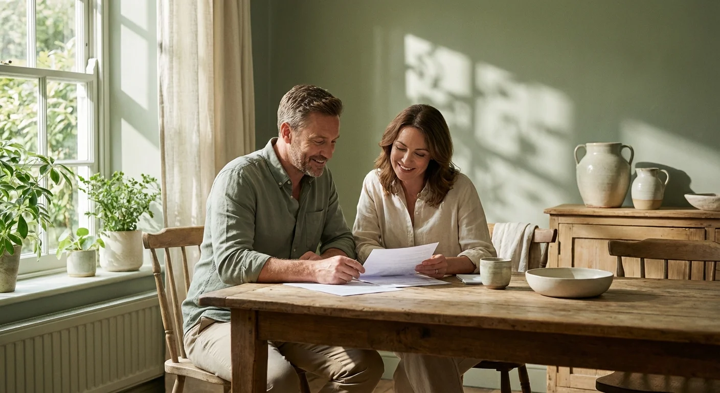 A couple reviewing paperwork together in a sunlit room.