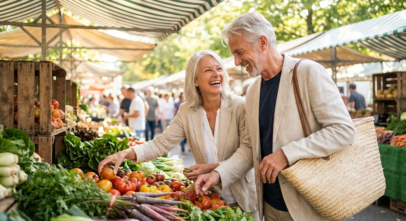 A couple shopping at a farmers market, representing the purchasing power of Social Security.