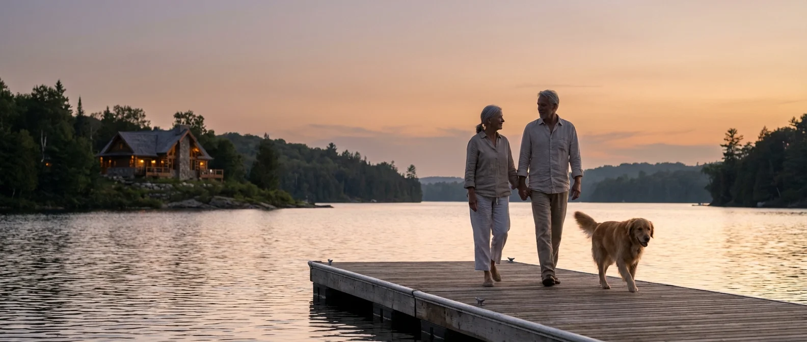 A couple walking by a lake at sunset, representing peace of mind in retirement.