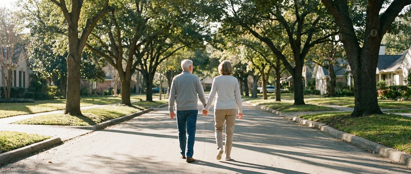 A couple walking freely down a quiet street, symbolizing a debt-free life.