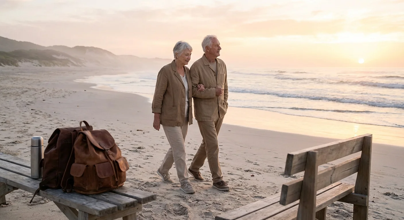 A couple walking on a beach at sunrise, symbolizing steady financial habits.