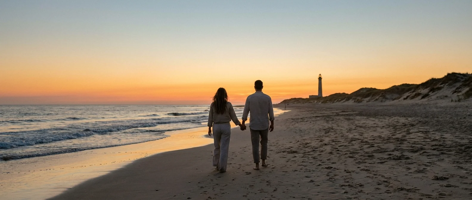 A couple walking on a beach at sunset, representing the ultimate goal of retirement security.