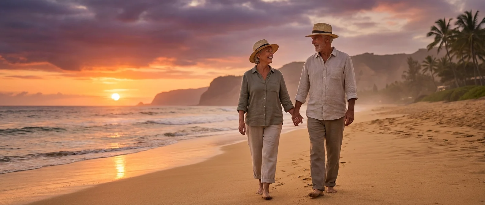 A couple walking on a beautiful beach during a golden sunset.