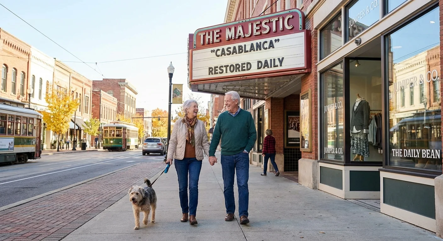 A couple walking their dog in the revitalized downtown area of Fargo, North Dakota.