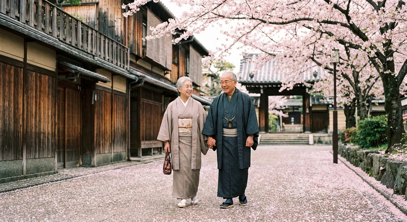 A couple walking through cherry blossoms in Kyoto, Japan.