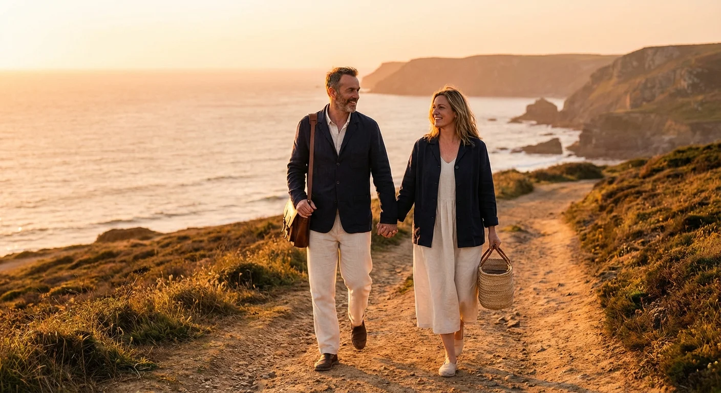 A couple walking together on a scenic coastal path at sunset.