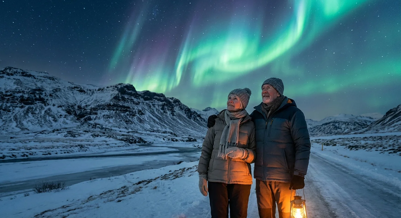 A couple watching the green aurora borealis in a snowy Iceland landscape.