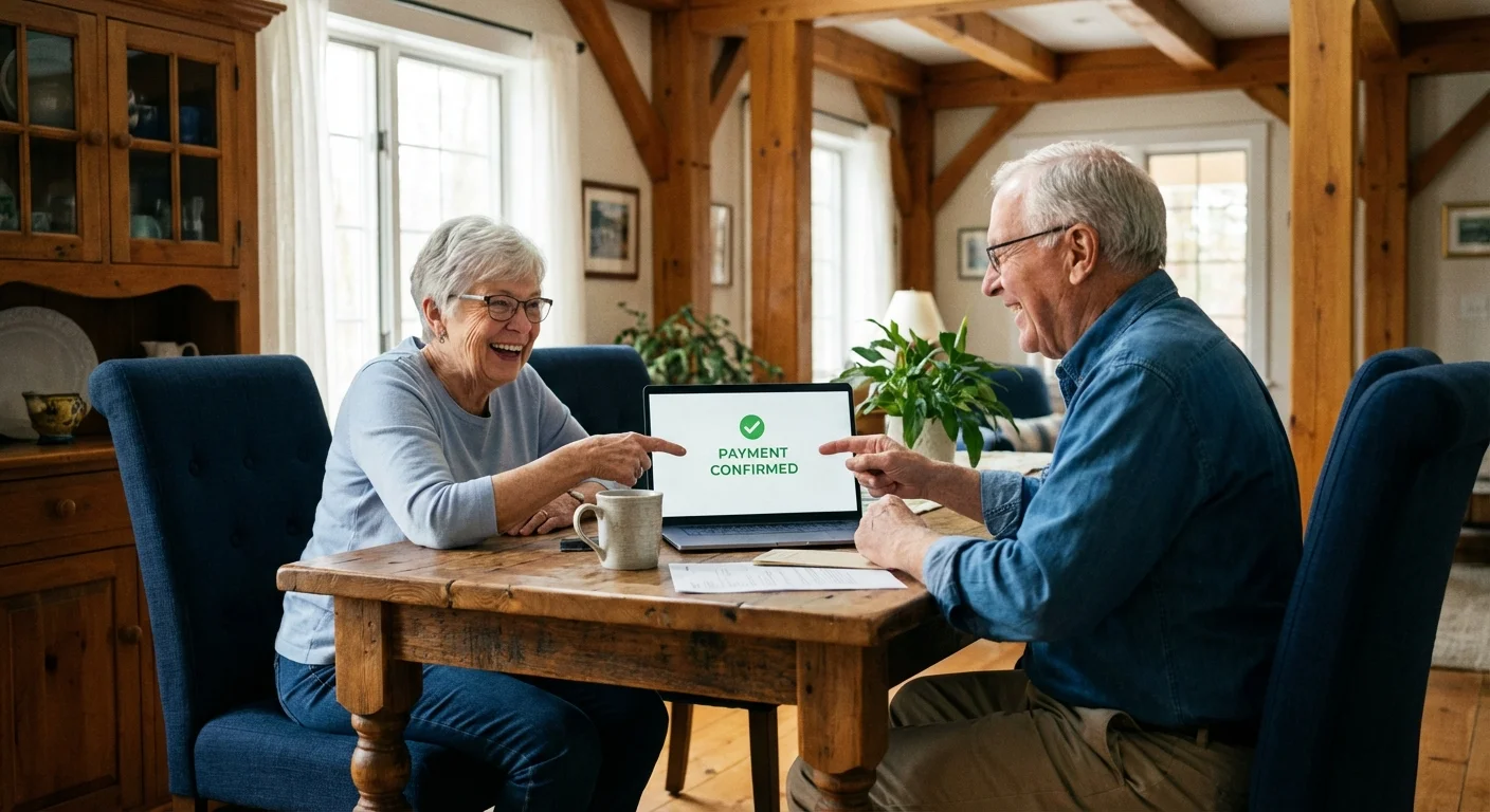 A couple works together at a laptop, looking relieved and confident in their retirement planning.