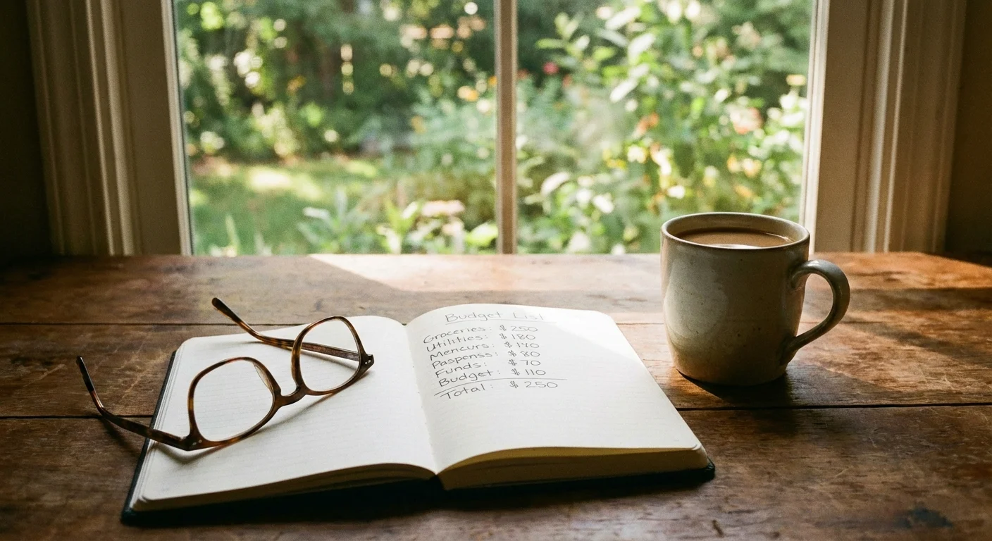 A cozy still life of a retirement budget planner and coffee in the sun.