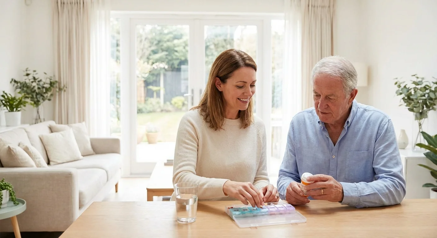 A daughter helping her father with his medication in a brightly lit living room.