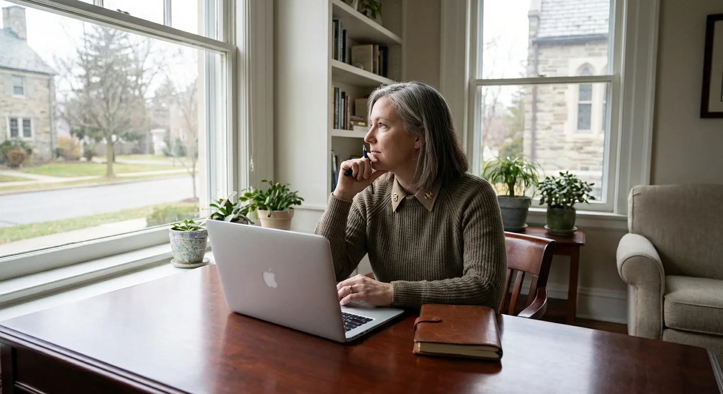 A female veteran thoughtfully reflecting at her desk while job hunting.