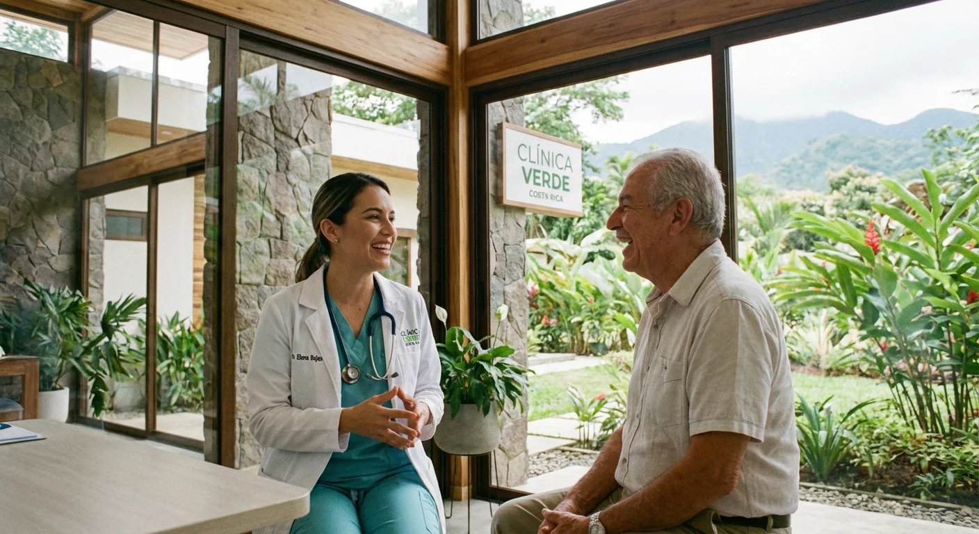 A friendly medical consultation in a modern, sunlit Costa Rican healthcare facility.