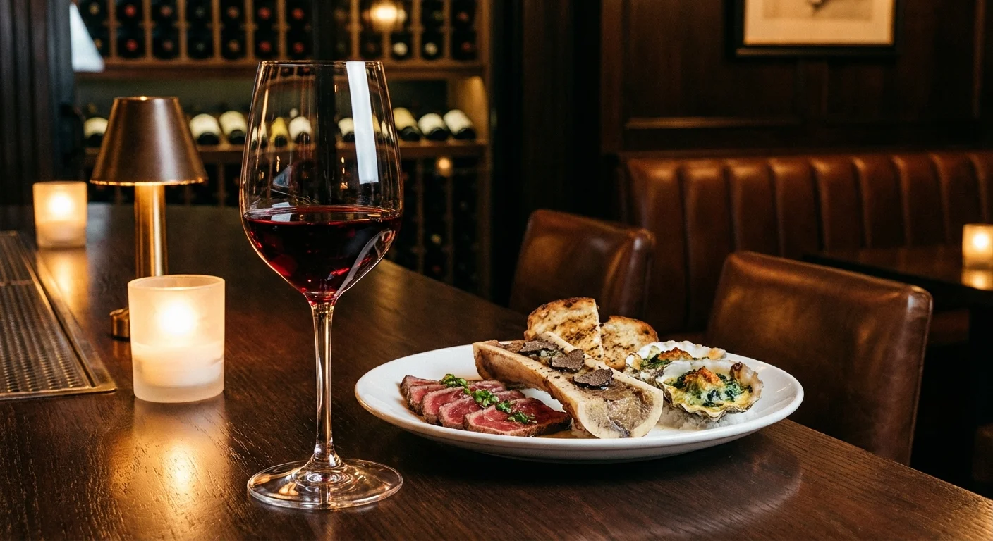 A glass of red wine and elegant appetizers at a sophisticated steakhouse wine bar.