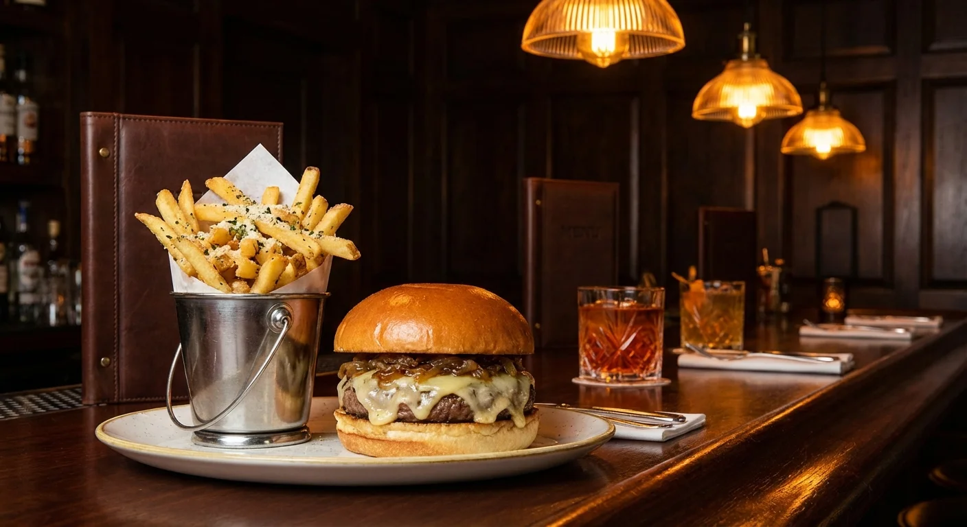 A gourmet burger and fries served in a refined, upscale steakhouse bar.