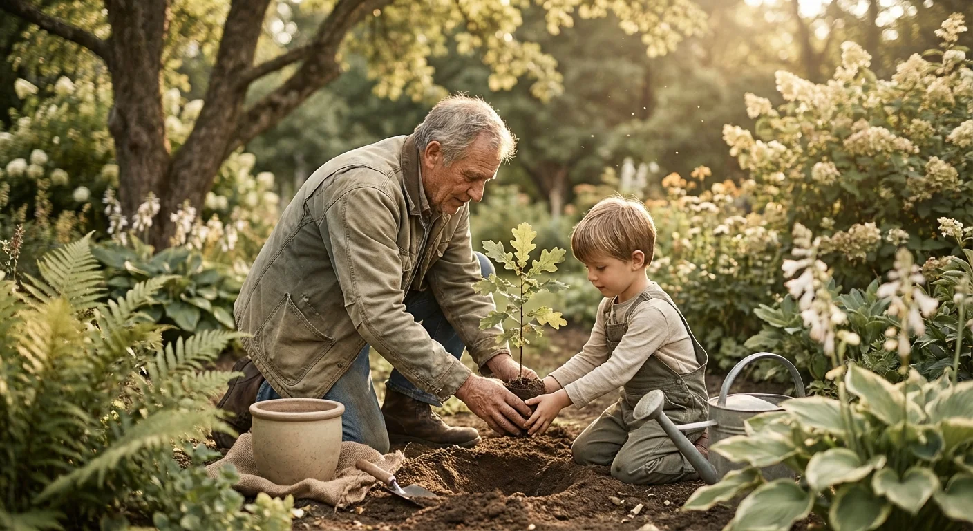A grandfather and grandson planting a tree together in a sunny garden.
