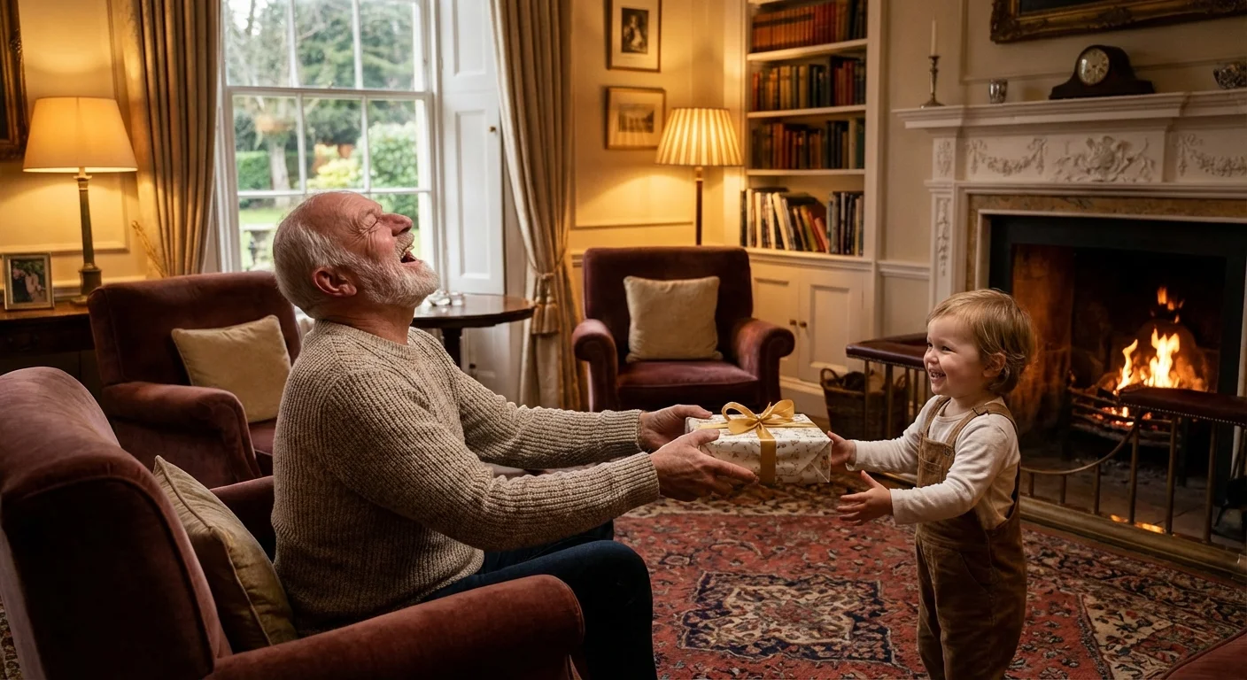 A grandfather happily giving a gift to his grandchild in a warm living room.