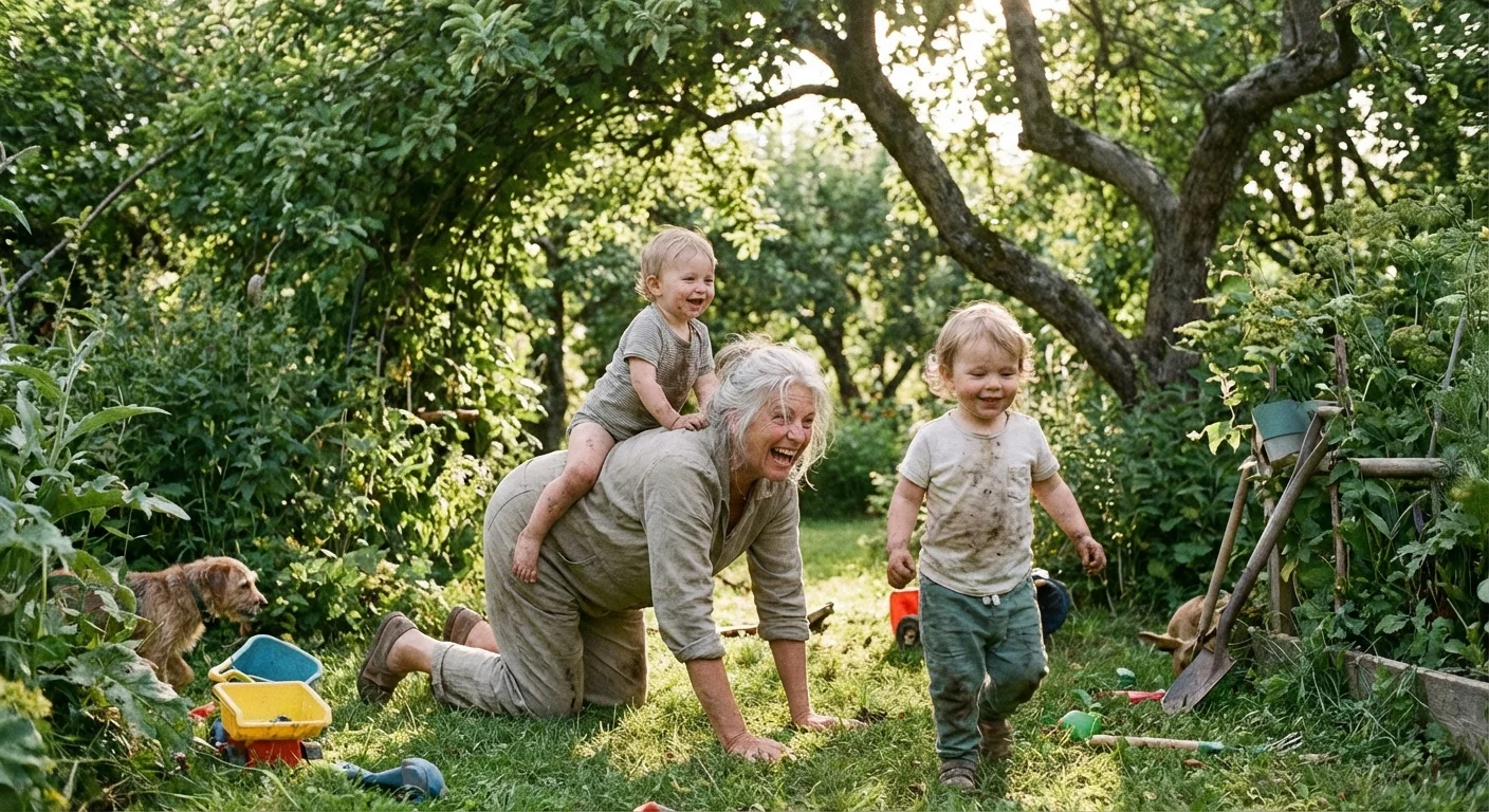 A grandmother playing with her grandkids in a garden, illustrating a busy and active retirement.