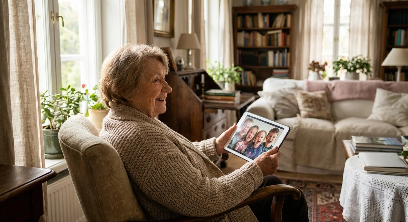 A grandmother video chatting with family on a tablet in her living room.
