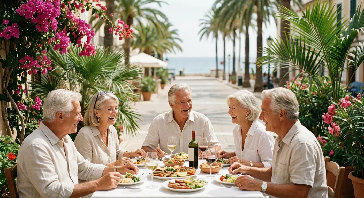 A group of active retirees enjoying a social outdoor lunch at a bright Florida cafe surrounded by tropical greenery.