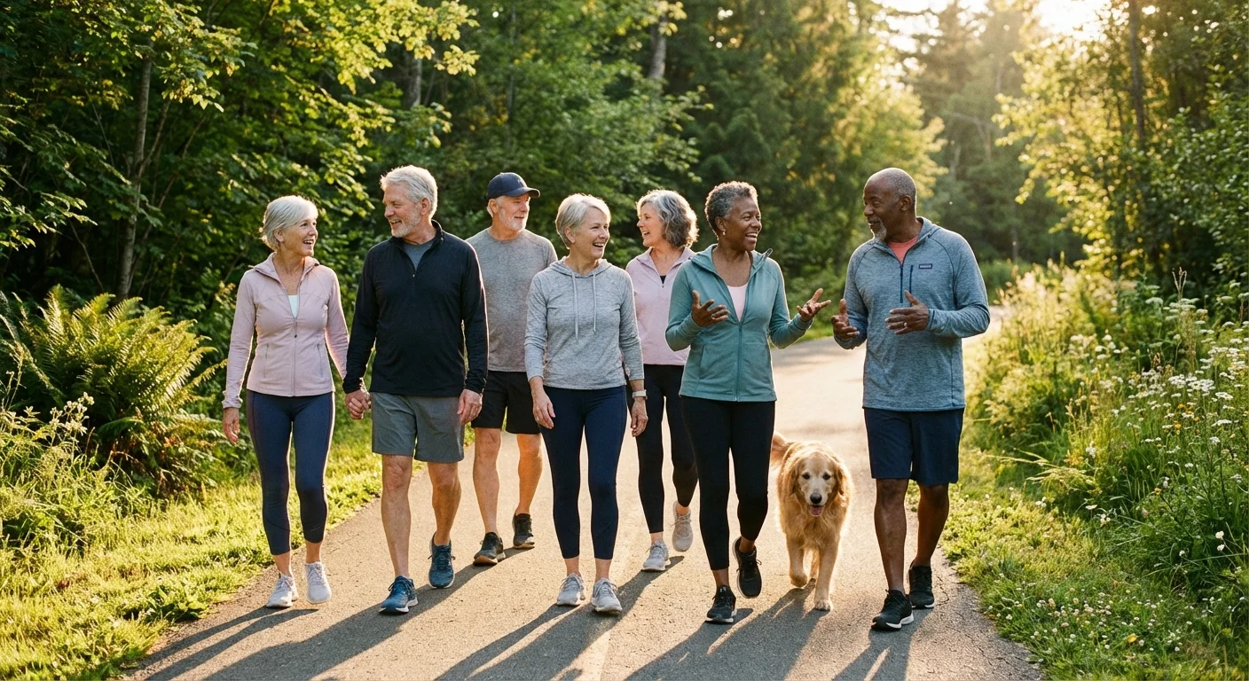 A group of active seniors walking and socializing in a park.