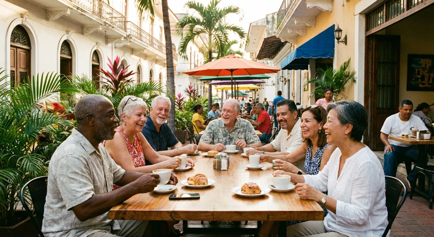 A group of American retirees socializing at an outdoor cafe in Panama.