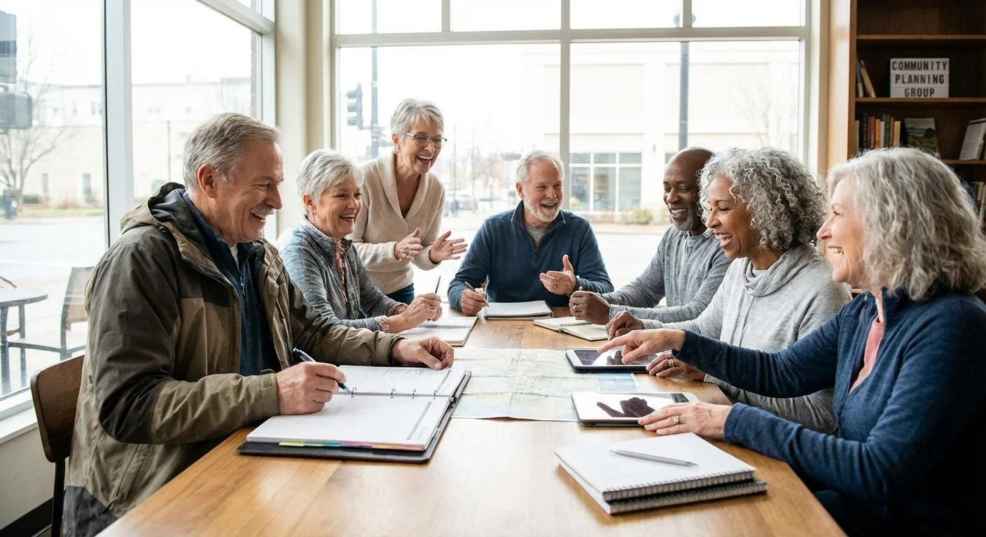 A group of diverse, happy retirees socializing in a modern, airy cafe setting.