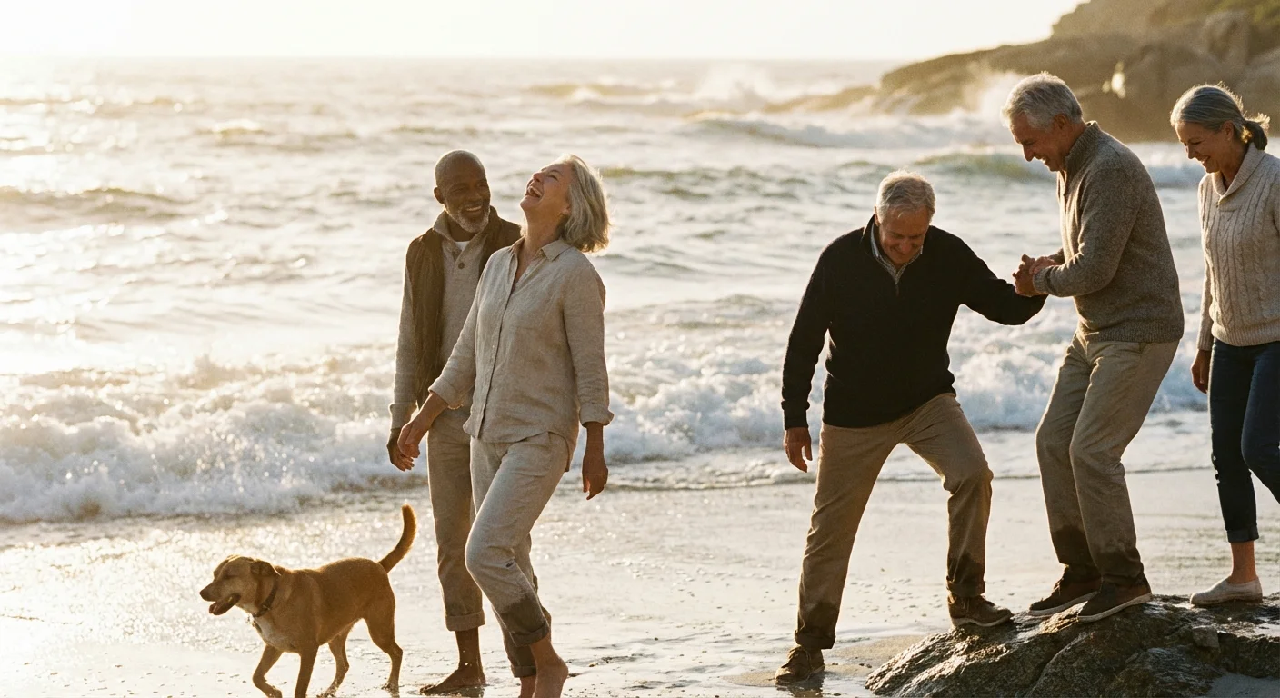 A group of diverse, happy retirees walking together on a beach at sunset, symbolizing freedom.
