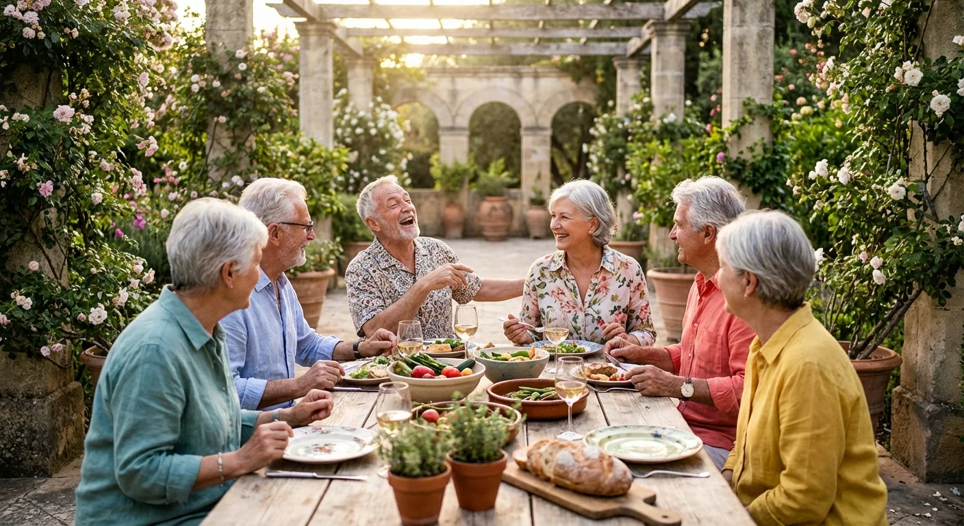 A group of happy retirees enjoying a social dinner on a beautiful outdoor patio at a luxury community.