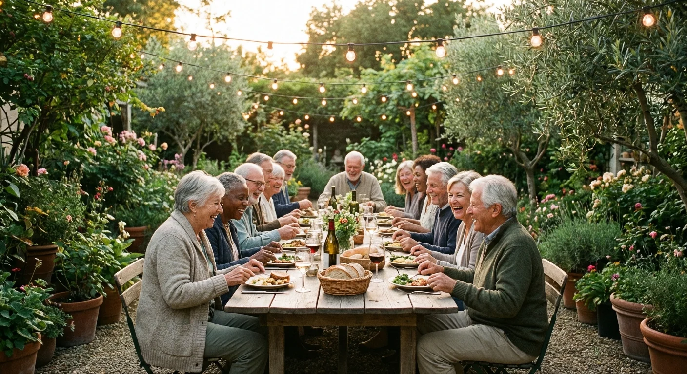 A group of happy seniors enjoying a communal dinner party in a lush, lit garden.