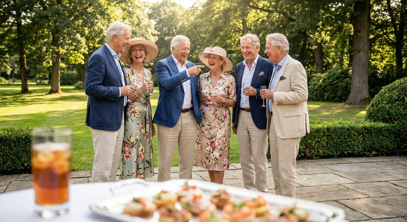 A group of happy seniors socializing at an elegant outdoor community event in a beautiful park setting.