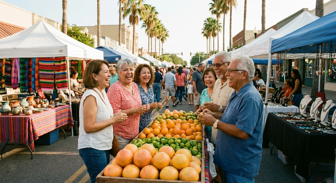 A group of retirees socializing at a vibrant outdoor market in McAllen.