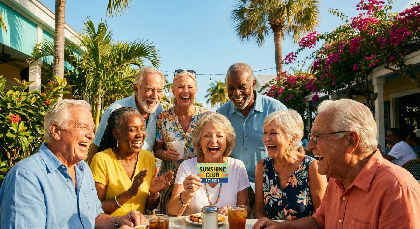 A group of seniors enjoying a meal at an outdoor tropical cafe.