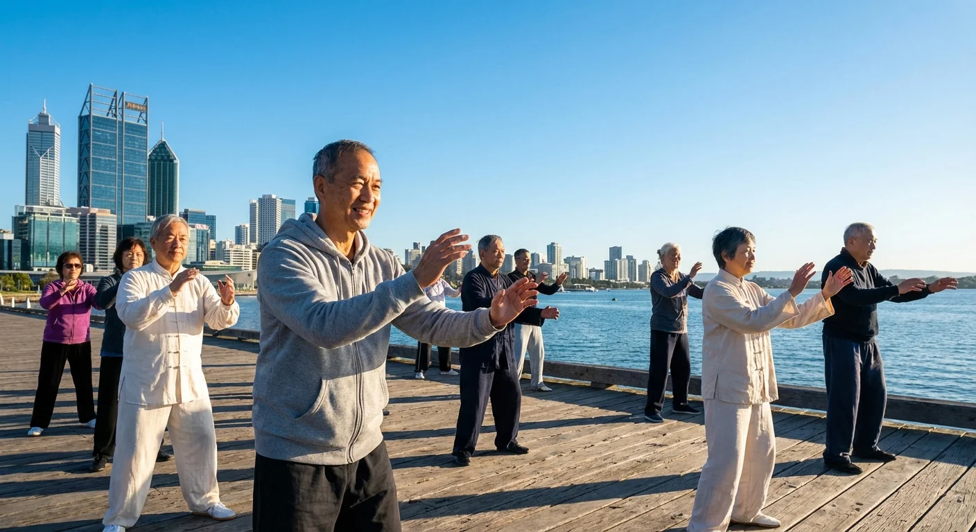 A group of seniors exercising together on a waterfront pier with a city skyline in the background.