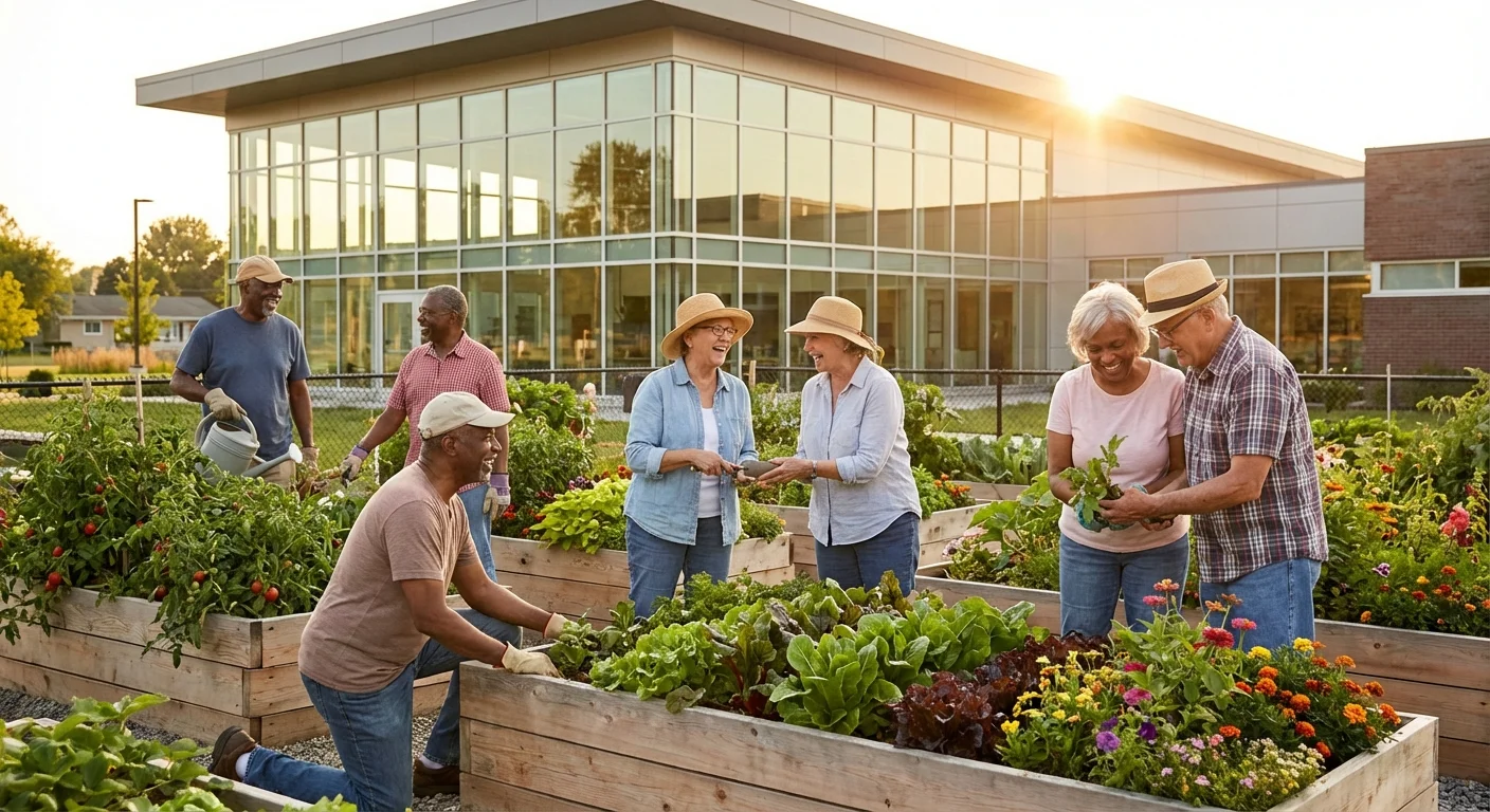 A group of seniors gardening together in a beautiful community garden.