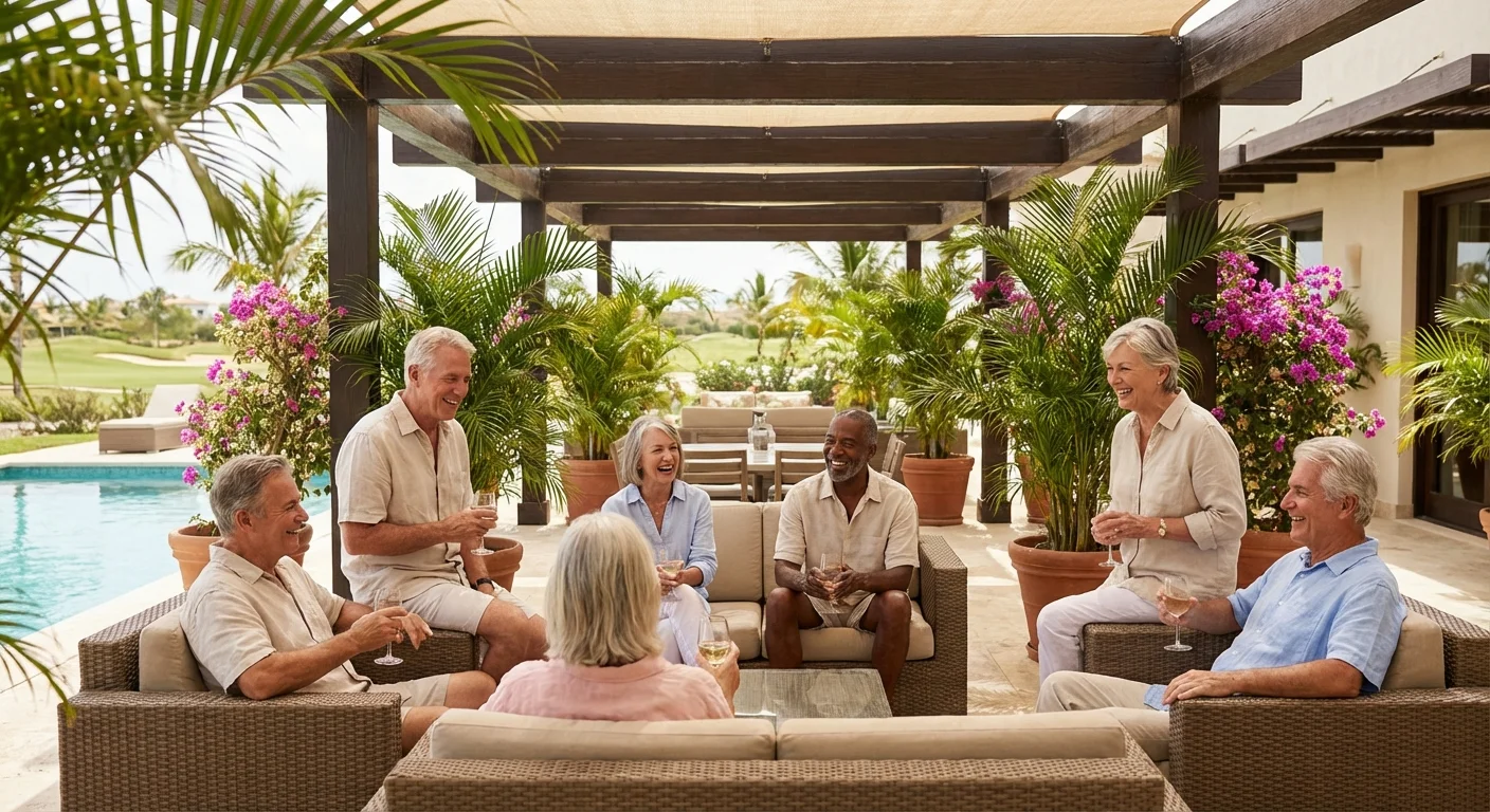A group of seniors socializing on a beautiful outdoor patio at a retirement community.