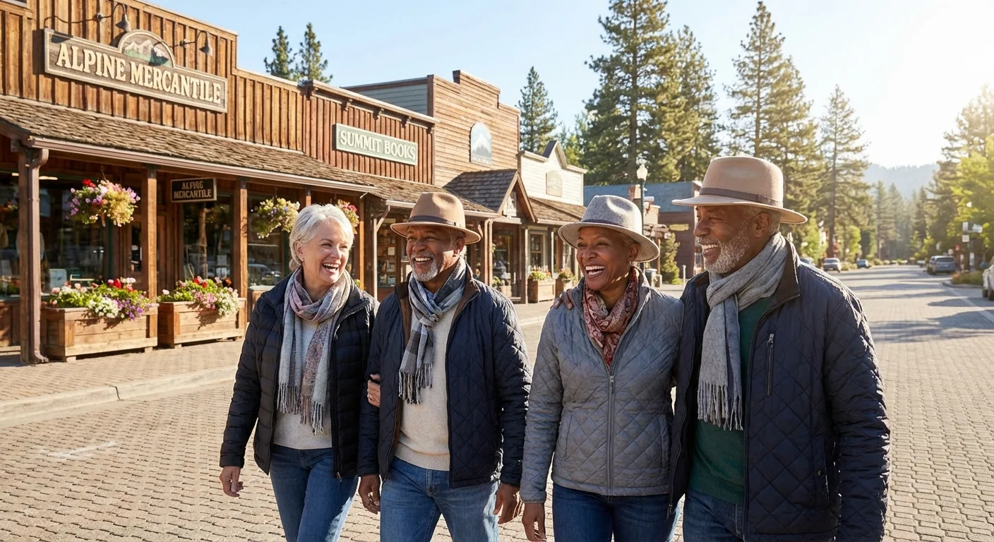 A group of smiling retirees walking through a charming, sunlit mountain town square surrounded by evergreen trees.