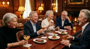 A group of well-dressed retirees enjoying happy hour drinks and appetizers at a sophisticated steakhouse bar.