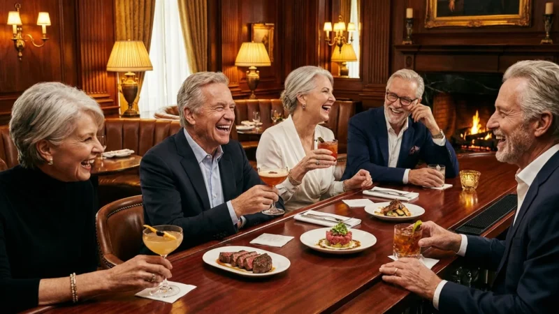 A group of well-dressed retirees enjoying happy hour drinks and appetizers at a sophisticated steakhouse bar.