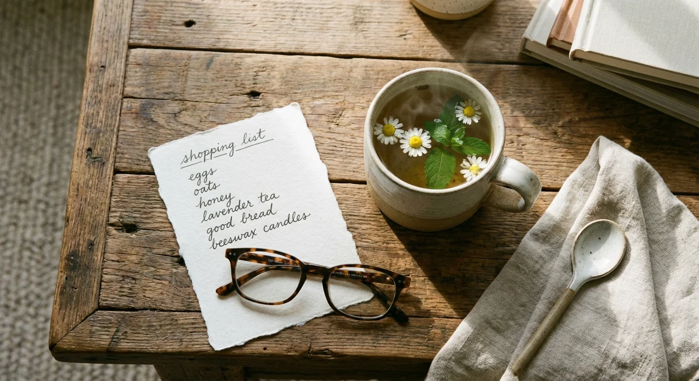 A handwritten shopping list and glasses on a wooden table, representing spring planning.