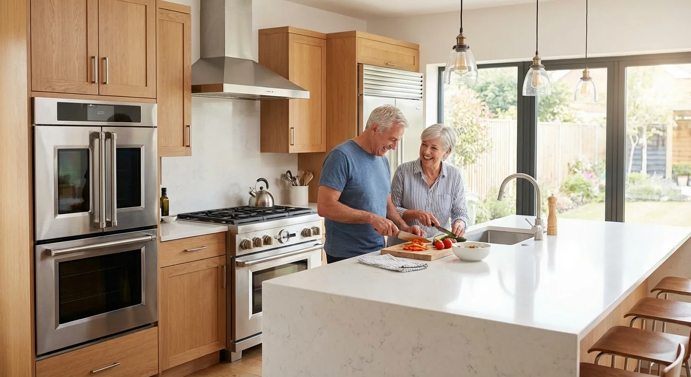 A happy couple cooking in a modern, well-functioning kitchen with high-end appliances.
