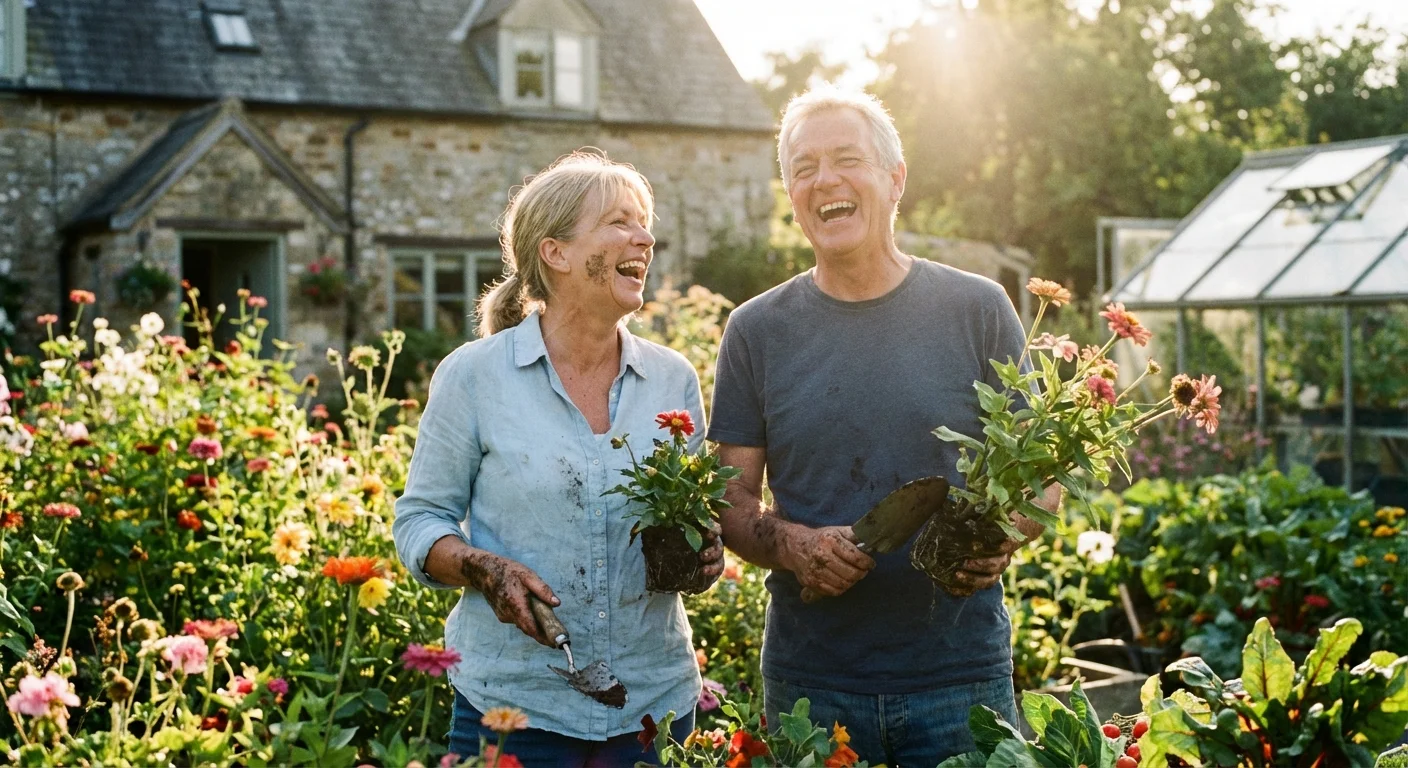 A happy couple in their 60s enjoying a sunny day in their beautiful garden.